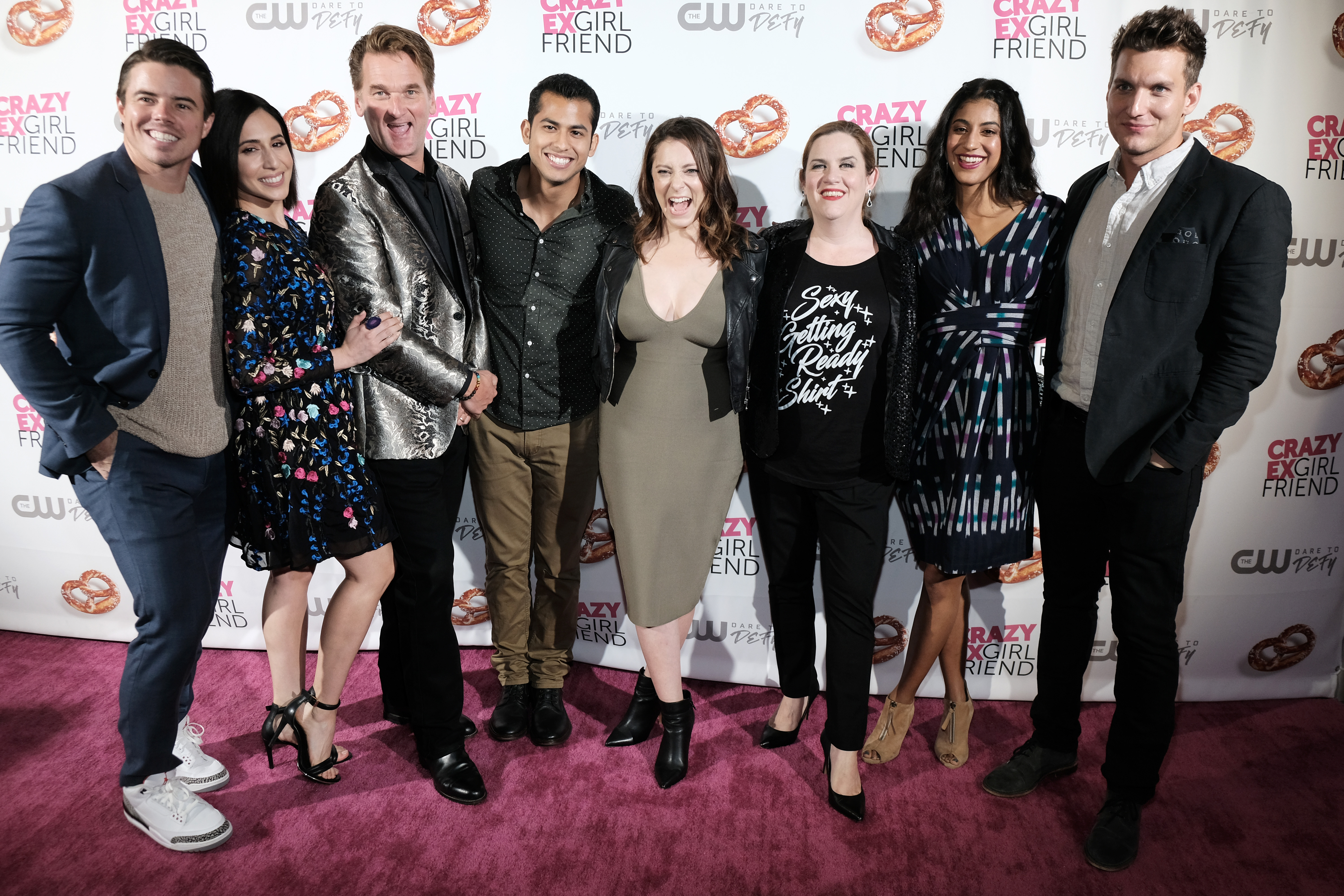 (L-R) Actors David Hull, Gabrielle Ruiz, Pete Gardner, Erick Lopez, Rachel Bloom, Donna Lynne Champlin, Vella Lovell and Scott Michael Foster attend the 'Crazy Ex-Girlfriend' season 4 premiere party at El Cid on October 13, 2018 in Los Angeles, California. (Sarah Morris/Getty Images)