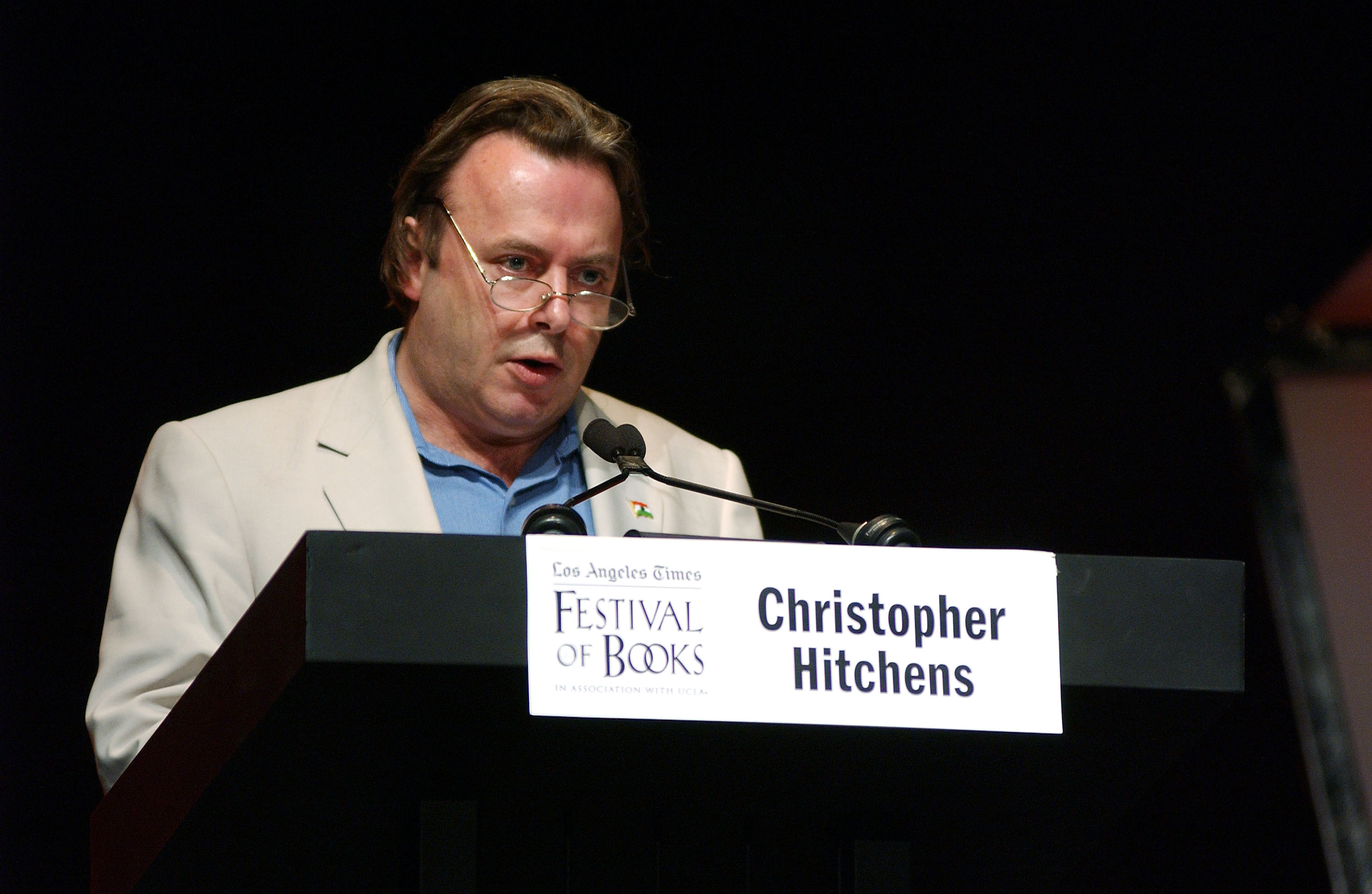 Writer Christopher Hitchens participates in a panel discussion ('U.S. and Iraq One Year Later: Right to Get In? Wrong to Get Out?') at the 9th Annual LA Times Festival of Books on April 25, 2004, at UCLA in Westwood, California. (Getty)