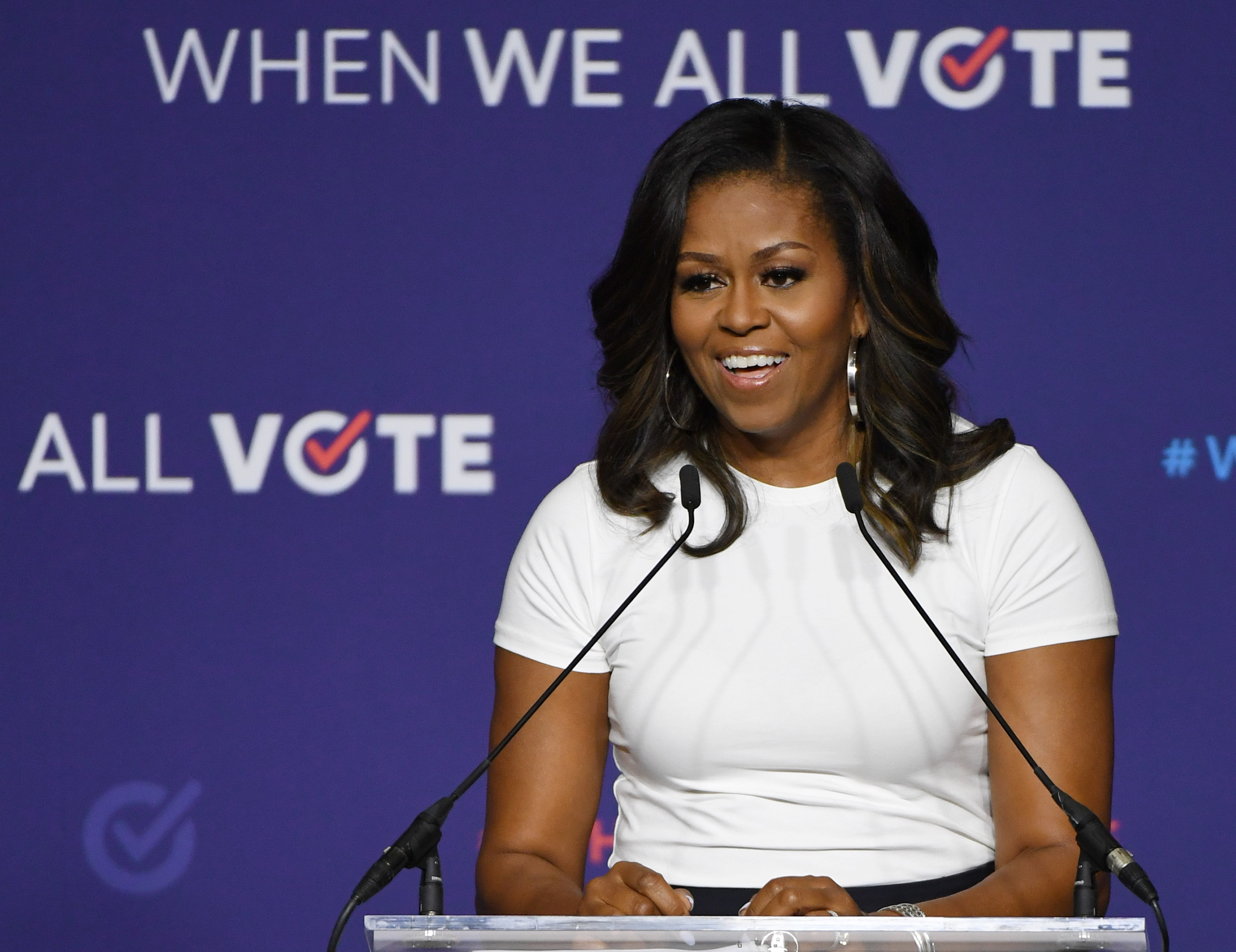 Former first lady Michelle Obama speaks during a rally for When We All Vote's National Week of Action at Chaparral High School on September 23, 2018 in Las Vegas, Nevada.