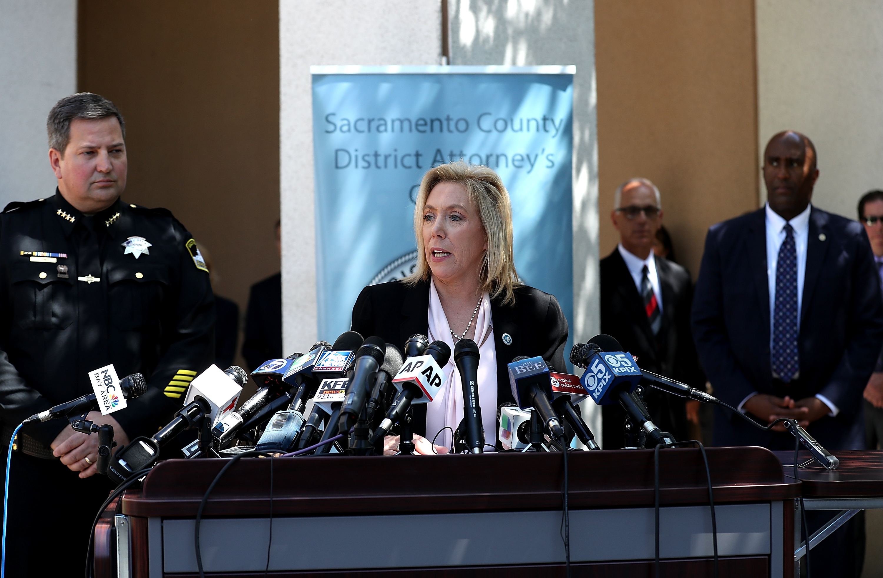 Sacramento district attorney Anne Marie Schubert (C) announces the arrest of accused rapist and killer Joseph James DeAngelo during a news conference on April 25, 2018